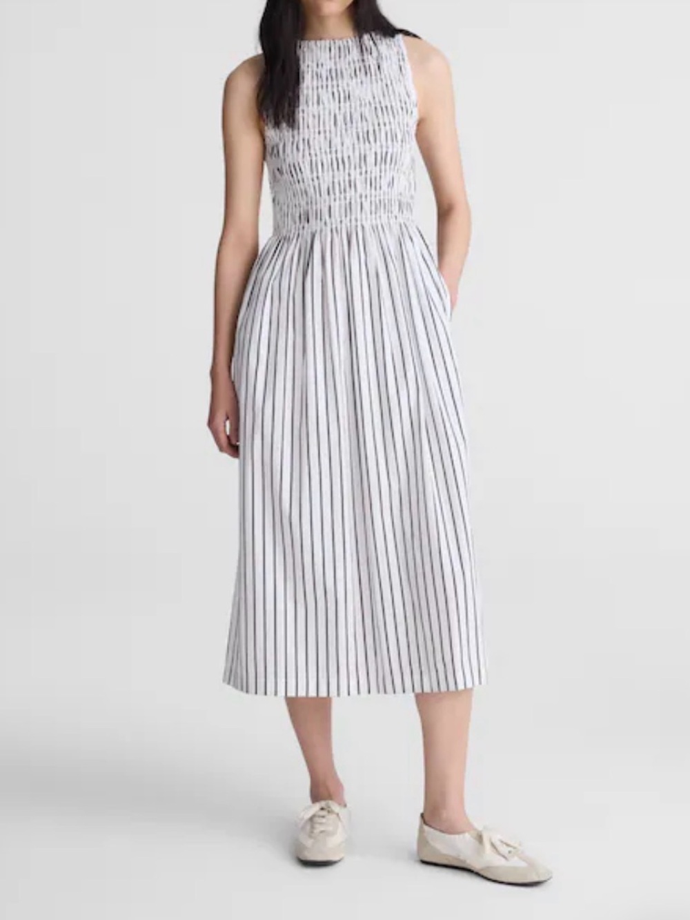 Madewell Boatneck Smocked Midi Dress in White & Brown in Sz. XS $168 NEW